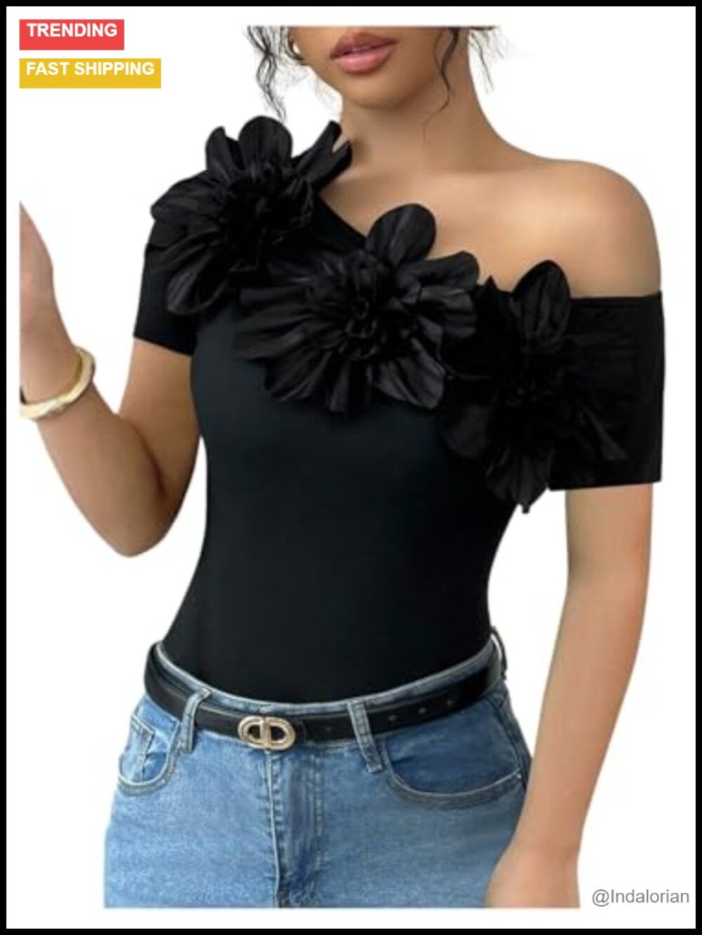 3D Floral Off Shoulder Short Sleeve Dressy Fitted T-Shirt